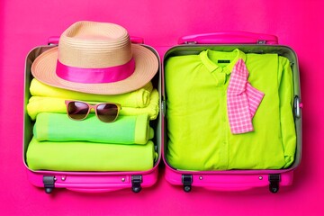 A partially open, black suitcase sits on a light colored floor. The suitcase is filled with colorful clothes