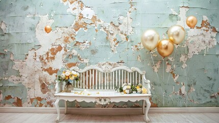   A bench adorned with flowers and balloons rests before a wall with peeling paint The peeling paint on the wall creates a rustic aesthetic