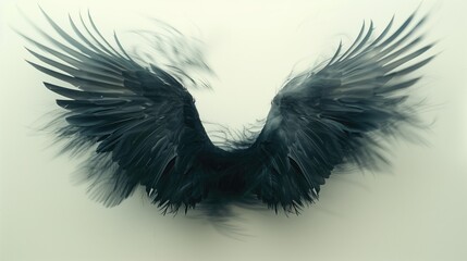 pair of black angel wings with feathers spread out against a light background.