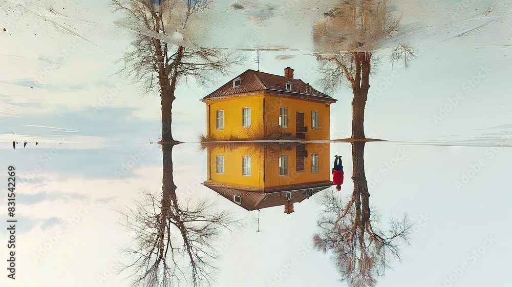 Poster house in water - reflection of a house in water with trees in the foreground and a person standing i
