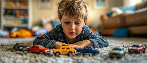 Young boy lying on a carpet, playing with toy cars in a cozy living room. Focused and imaginative playtime in a warm home environment.