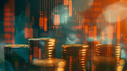 Coin stacks lined up against each other, Coins stacked on top of each other with stock chart in the background.