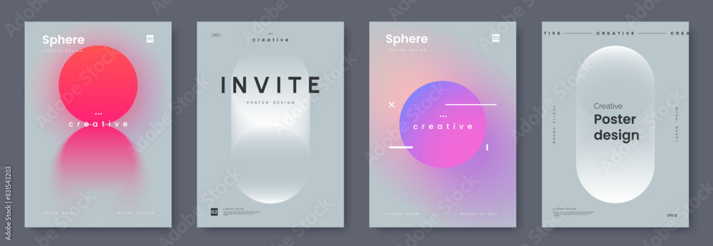 Poster Minimalistic poster collection with simple design and place for text. Simple round gradient shape with glow and blend effect on light gray background. Ideal for banner, ad, promo, invitation, etc.