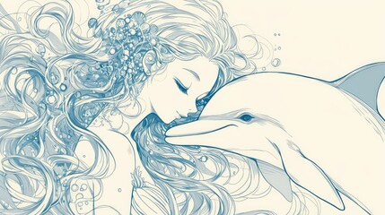 Obraz premium An enchanting mermaid with gorgeous flowing wavy locks gracefully drifts alongside a playful dolphin in a captivating outline drawing