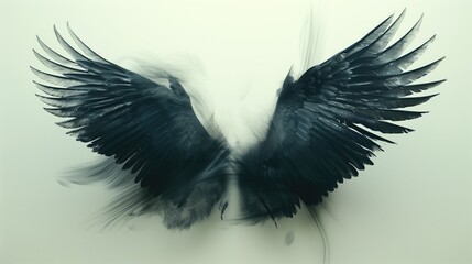 pair of black angel wings with feathers spread out against a light background.