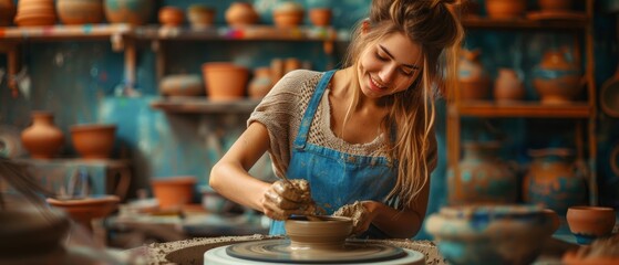 Young woman in workshop molding clay on pottery wheel, creating ceramic art surrounded by artistic tools and pottery pieces.