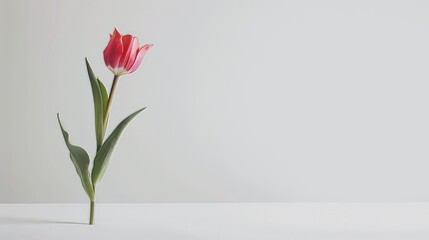 Fototapeta premium Single red tulip stands against white wall, single red tulip stands against white wall.