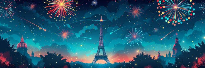 Paris, France - July 14, Bastille Day. fireworks at the Eiffel Tower - Pyrotechnics show for the French National Holiday