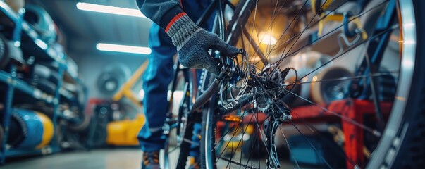 Close-up image capturing the intricate details of a vintage bicycle wheel in a bike repair shop.