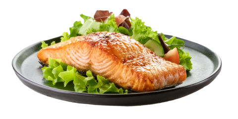Baked salmon fish fillet with fresh salad isolated on transparent background