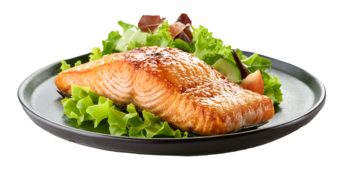 Baked salmon fish fillet with fresh salad isolated on transparent background