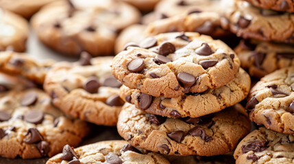 Chocolate chip cookies stacked. National Chocolate Chip Cookie Day concept.
