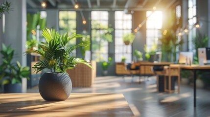 A bright, modern office interior with abundant natural light. Featuring lush green plants on the desks, it provides a fresh and tranquil workspace with large windows and stylish decor.