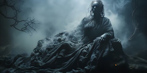 Mysterious Figure Emerging in Smoke with Creepy Music Setting the Mood. Concept Mystery, Smoke, Figure, Creepy Music, Setting the Mood