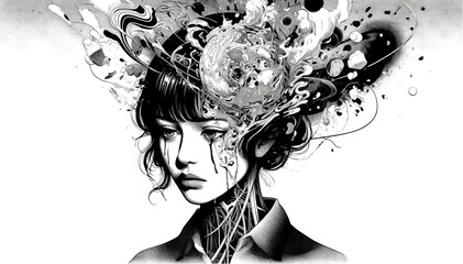 A manga woman with her mind merging into lines and chaotic elements, disjointed and fragmented appearance of the shapes symbolize the mental and emotional chaos associated with depression.