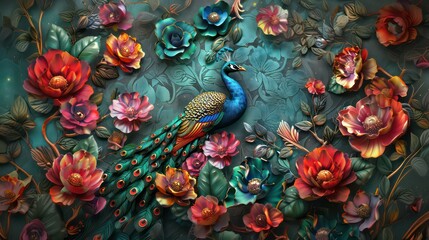 Elegant leather base combines bright color floral with exotic oriental pattern flowers and peacocks illustration background. 3d abstraction wallpaper for interior mural wall art decor