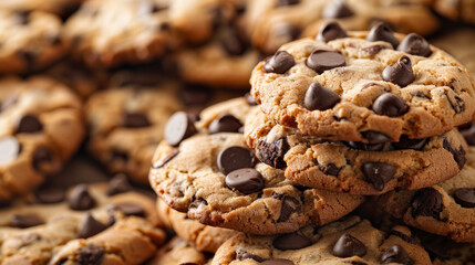 Obraz premium Chocolate chip cookies stacked. National Chocolate Chip Cookie Day concept.