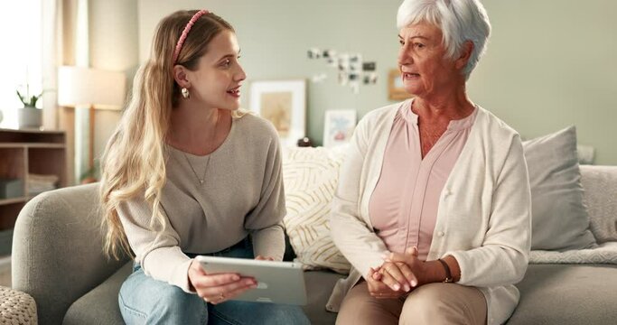 Tablet, grandmother and daughter for teaching, explain and internet and technology in home. Communication, read and help for elderly woman in retirement, social media and discussion of app service