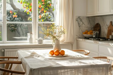 Linen tablecloth on marble kitchen table