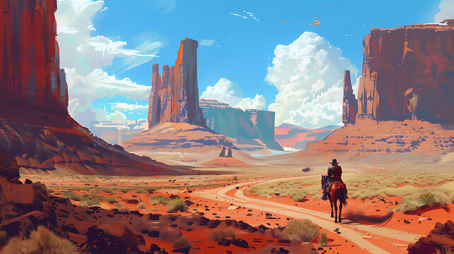 a captivating scene--a vast desert landscape with monumental rock formations, a dirt path leading into the horizon, and a lone rider on horseback