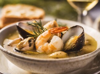Bouillabaisse Seafood Soup Close-Up with Shrimp, Muscles, Clams, Fish, Fennel , Grilled