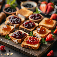 A plate of assorted breads with different spreads and a bowl of strawberries. Scene is casual and inviting, as it looks like a breakfast spread or a snack for friends or family