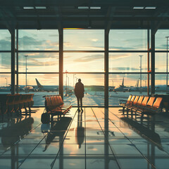 A man stands in front of a window at an airport, looking out at the planes. The scene is peaceful and serene, with the sun setting in the background
