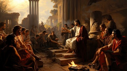 Scene of an animated philosophical debate among ancient Greek scholars in a grand setting