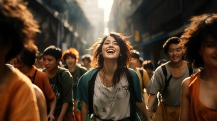 A young woman joyfully walks with her arms open through a bustling urban street with a crowd of people around