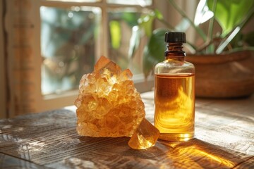 a bottle of palo santo essential oil beside a crystal on a warm table, embodying holistic healing and spiritual wellness