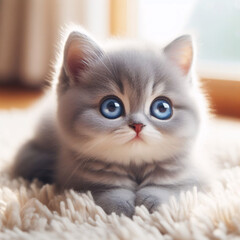 Serene Blue-Eyed Kitten Resting on a Fluffy Rug