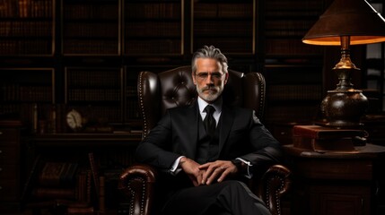 A dignified senior businessman exudes power and experience as he sits in a luxurious leather chair in a classic office
