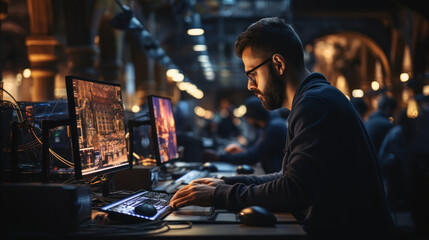 A focused male programmer coding on multiple monitors in a bustling tech hub environment at night