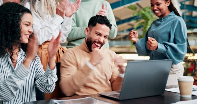 Teamwork, celebration and business people on laptop with success, victory and achievement. Creative startup, collaboration and men and women high five for good news, bonus and winning on computer