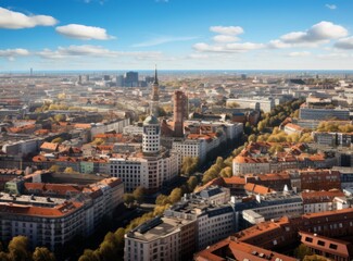 Naklejka premium Aerial city view with crossroads and roads, houses, buildings, parks and parking lots. Sunny summer panoramic image.