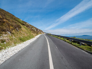 Fototapeta premium Two sheep are grazing on a grassy hillside next to a road. The sheep are of different colors on the back. The scene is peaceful and serene. Keem bay, Ireland. Irish landscape scene. Travel concept
