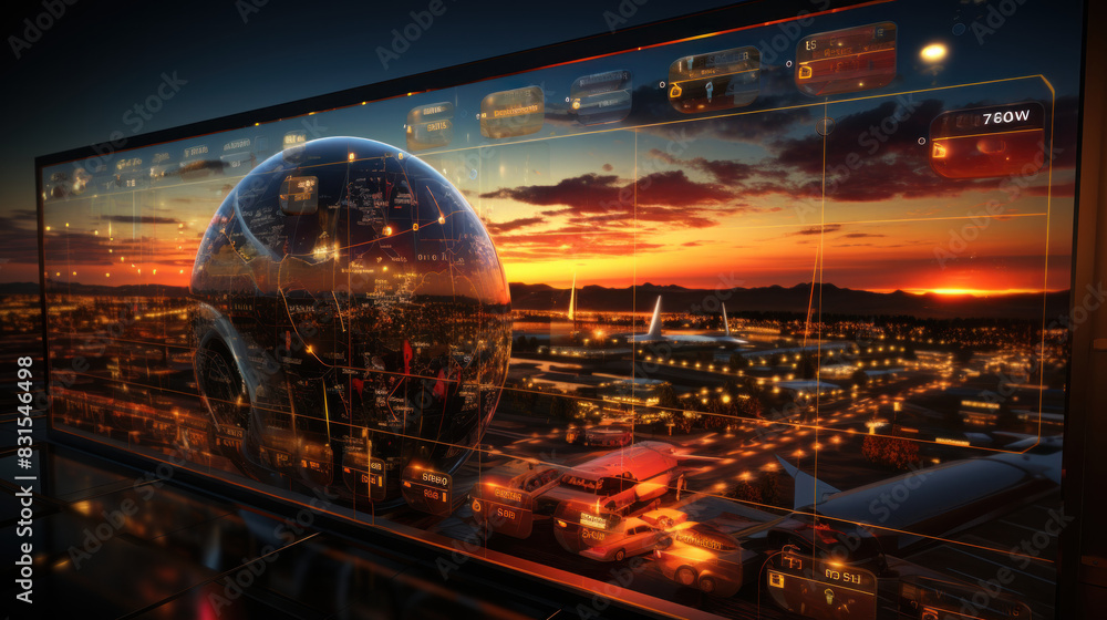 Poster a high-tech control center overlooks a smart city, with data analytics and information flows visuali