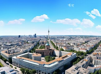 Obraz premium Aerial city view with crossroads and roads, houses, buildings, parks and parking lots. Sunny summer panoramic image.