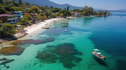 Overlooking a pristine tropical coastline, the photo features clear turquoise waters, greenery, and boats