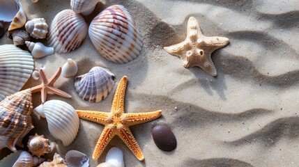 Seashells starfish coral and rocks scattered on sandy beach summer vacation seaside theme