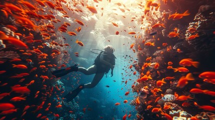 Vector clipart of scuba diver exploring vibrant coral reef with colorful fish in the backdrop