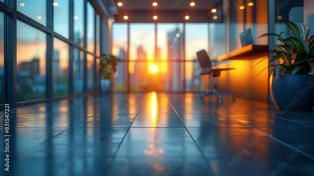 Aufkleber sun setting through the large windows of a modern office hallway, reflecting light on the polished f