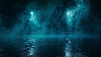 Dark night street, wet asphalt, neon reflection in water, smoke, smog.