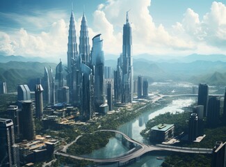 Naklejka premium Futuristic city with a blue sky and clouds