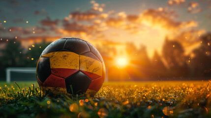 Ball with german flag standing on grass of stadium. European football championship UEFA EURO 2024. Generative AI