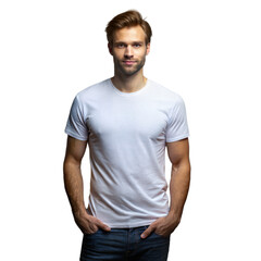 Fototapeta premium Smiling man in a white t-shirt and jeans, hands in pockets