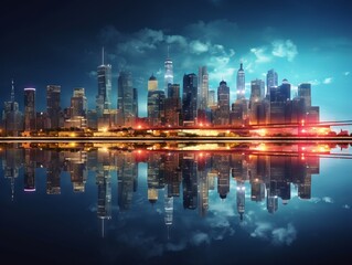 Fototapeta premium Futuristic city with a blue sky and clouds