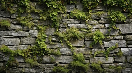 Stone wall texture with moss and ivy creeping up