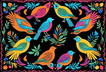 Fototapeta premium Scarf design, aural centered, Maximalist pattern, black background,birds, flat colors