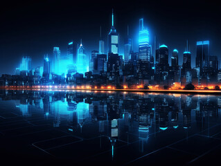 Fototapeta premium Night city view with neon lights and reflections